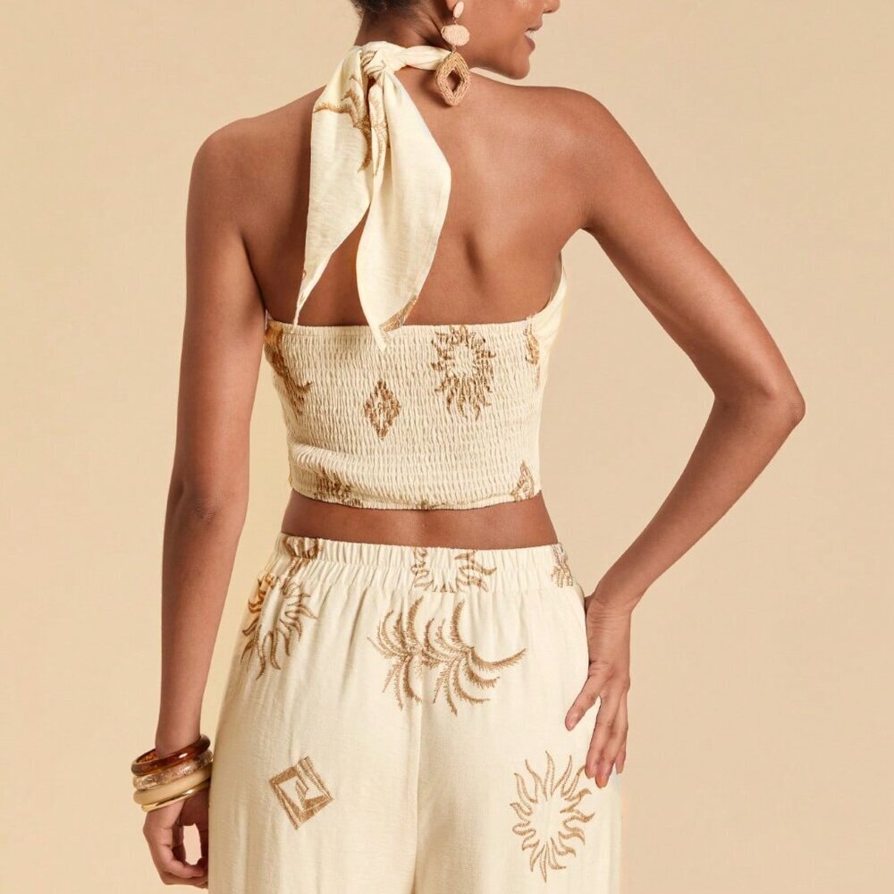 White Elegant Women's Sleeveless Backless Halter Top with Embroidery Party - Picture 2 of 7